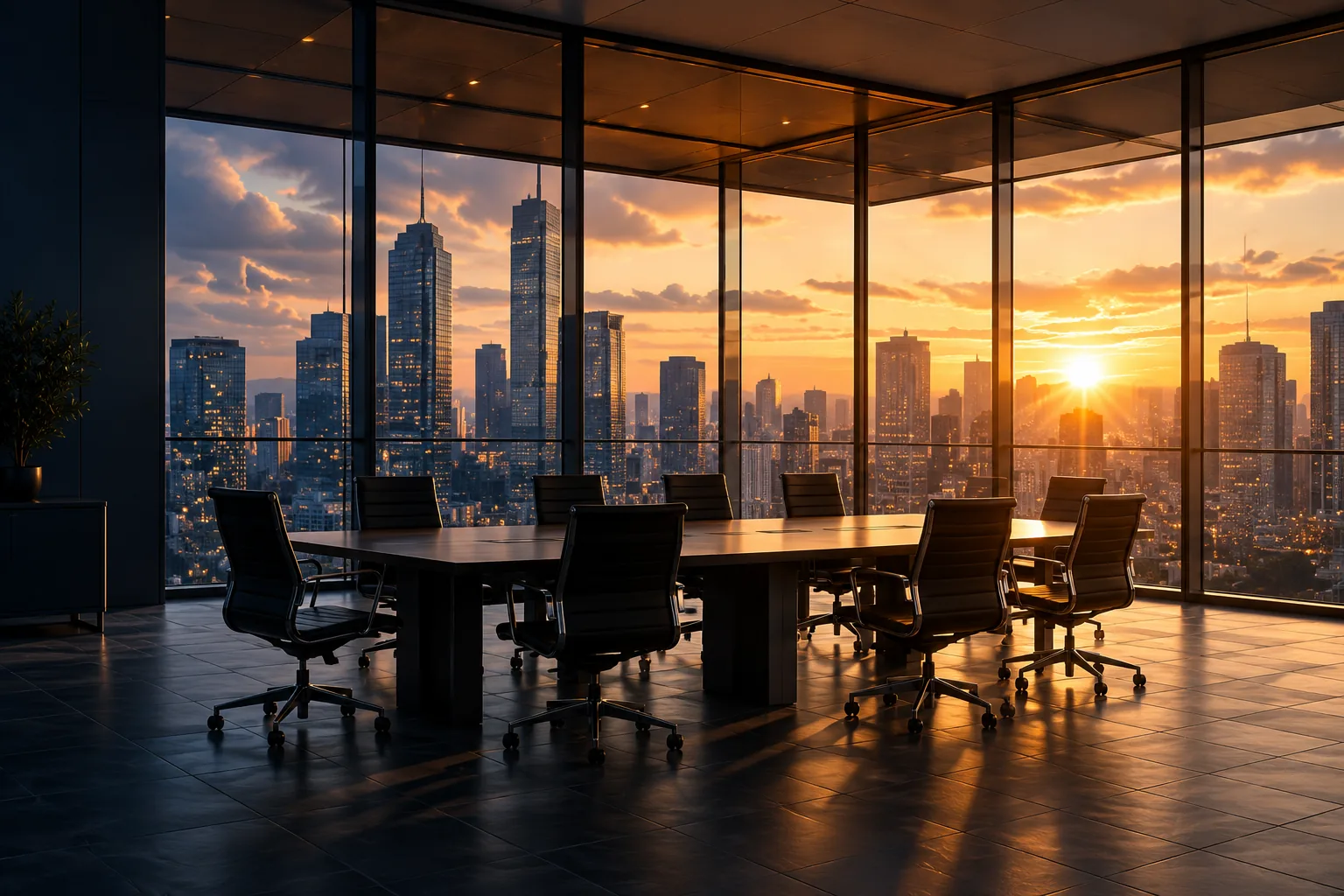Illustrative boardroom overlooking a city at sunset